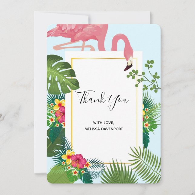 Stylish Pink Flamingo and Tropical Leaves Thank You Card (Front)