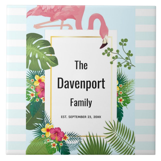 Stylish Pink Flamingo and Tropical Leaves Tile (Front)