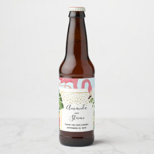 Stylish Pink Flamingo and Tropical Leaves Wedding Beer Bottle Label