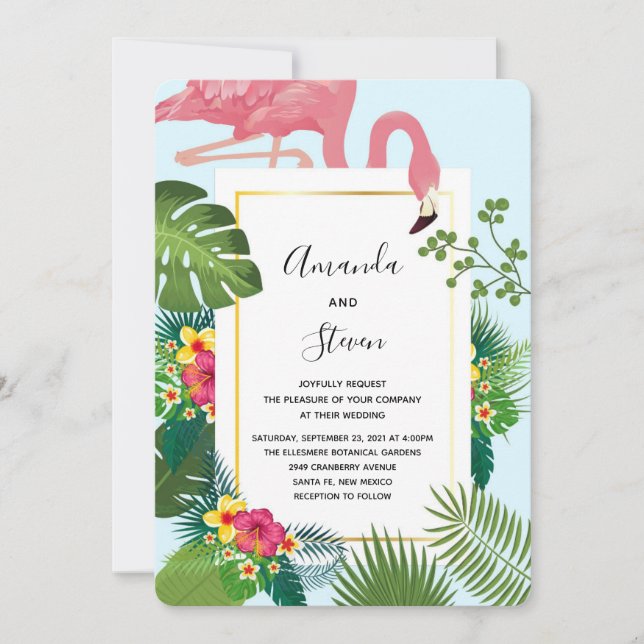 Stylish Pink Flamingo and Tropical Leaves Wedding  Invitation (Front)