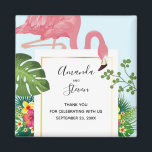 Stylish Pink Flamingo and Tropical Leaves Wedding Magnet<br><div class="desc">A wedding thank you magnet with a cute and whimsical pink flamingo. Surrounded by green tropical leaves,  and red and yellow hibiscus flowers. A rectangle shaped,  gold gradient frame in the centre.</div>