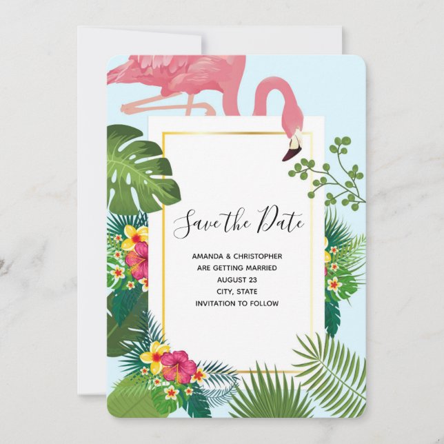 Stylish Pink Flamingo and Tropical Leaves Wedding Save The Date (Front)
