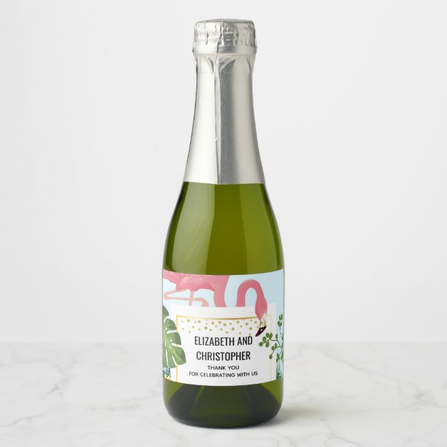 Stylish Pink Flamingo and Tropical Leaves Wedding Sparkling Wine Label (Front)