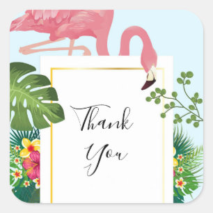 Stylish Pink Flamingo & Tropical Leaves Thank You Square Sticker