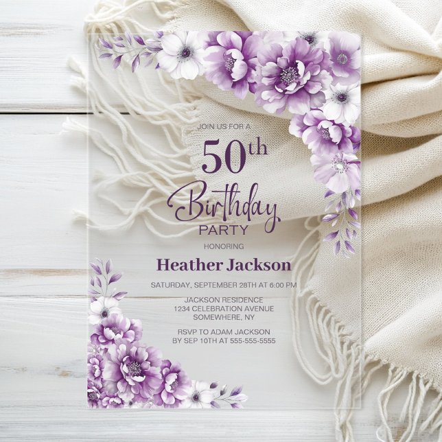 Stylish Pink Floral 50th Birthday Party Acrylic Invitations (Creator Uploaded)
