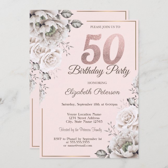 Stylish Pink Floral 50th Birthday Party Invitation (Front/Back)