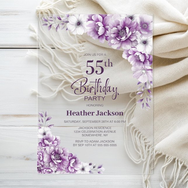 Stylish Pink Floral 55th Birthday Party Acrylic Invitations (Creator Uploaded)