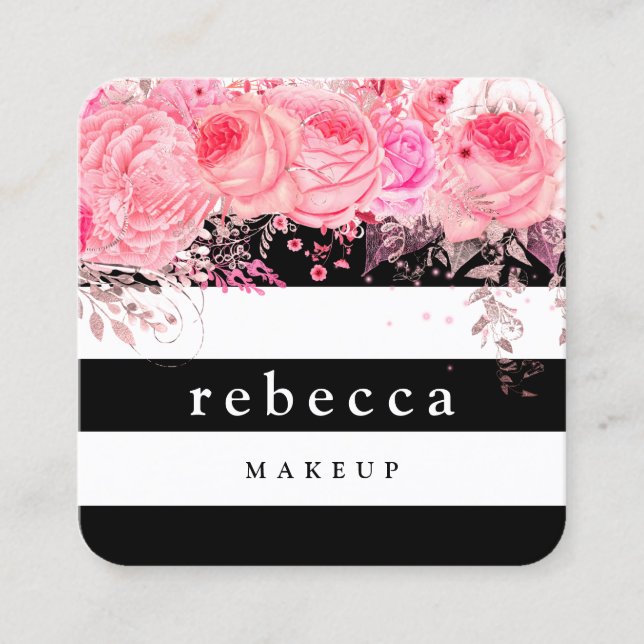 Stylish pink floral black white stripes makeup square business card (Front)