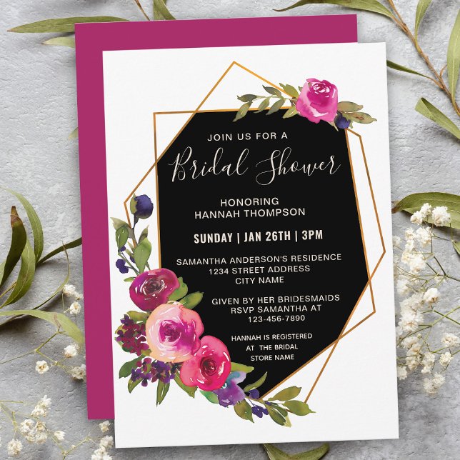 Stylish Pink Floral Geometric Frame Bridal Shower Invitation (Creator Uploaded)