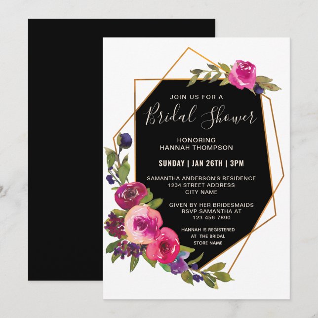 Stylish Pink Floral Geometric Frame Bridal Shower Invitation (Front/Back)