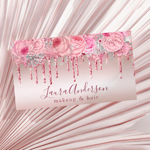 Stylish pink floral glitter drips makeup & hair business card