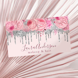 Stylish pink floral glitter drips makeup & hair business card