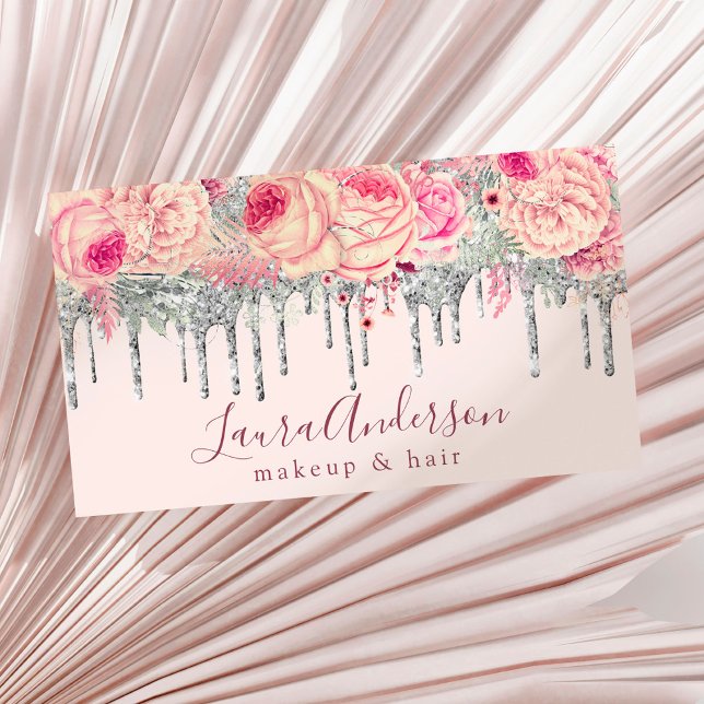 Stylish pink floral glitter drips makeup & hair  business card (Creator Uploaded)