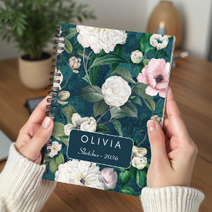 Stylish Pink Floral Green Monogram Pattern Notebook