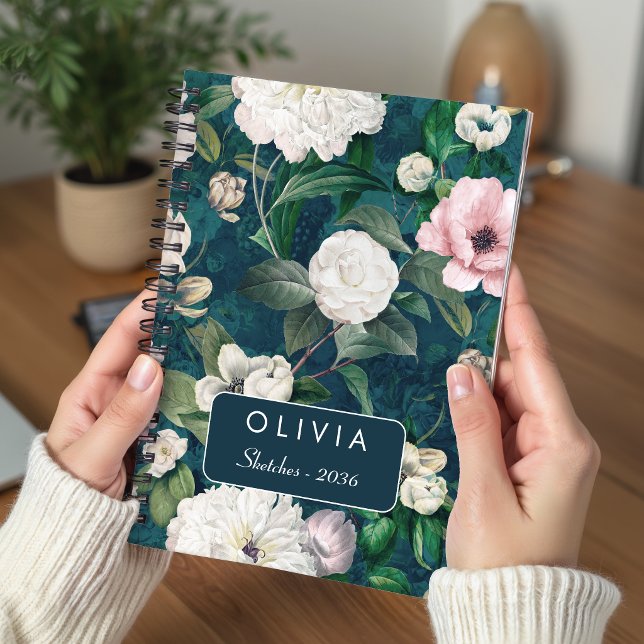 Stylish Pink Floral Green Monogram Pattern Notebook (Creator Uploaded)
