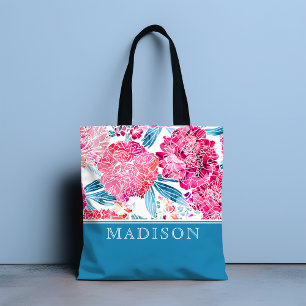 Stylish Pink Floral Pattern Chic Personalised Name Tote Bag
