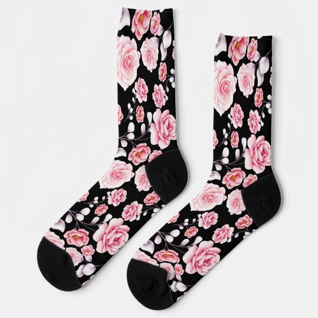 Stylish pink floral pattern print on black socks (Left)