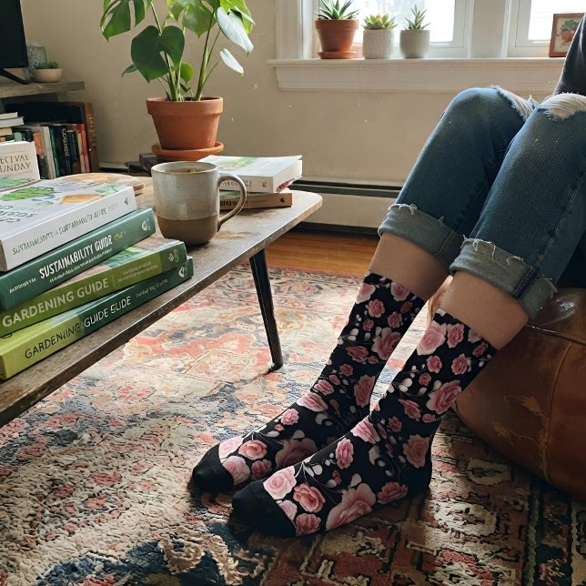 Stylish Pink Floral Pattern Print on Black Socks (Creator Uploaded)