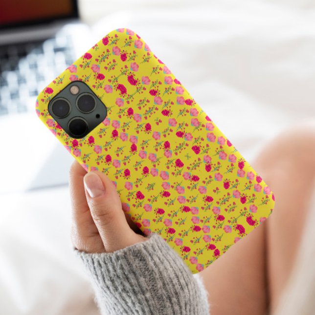 Stylish pink floral print on yellow Case-Mate iPhone case (Creator Uploaded)