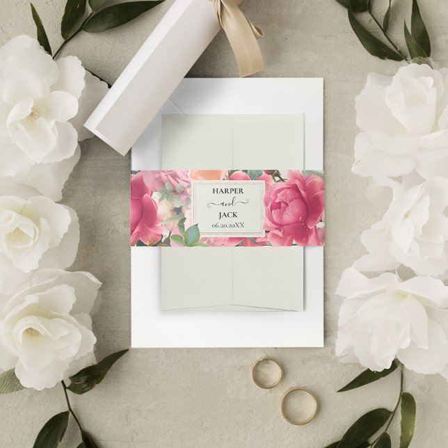 Stylish Pink Floral Rose Garden Gold Frame Wedding Invitation Belly Band (Stylish Pink Floral Rose Garden Gold Frame Wedding Invitation Belly Band
)
