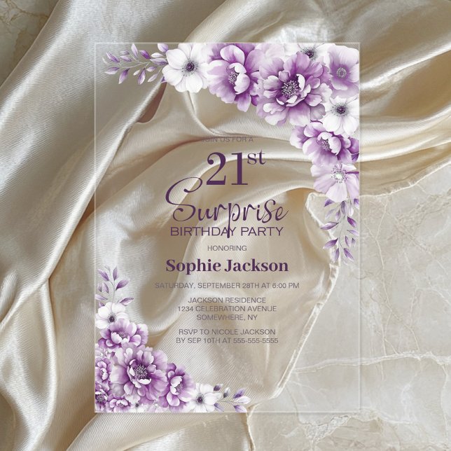 Stylish Pink Floral Surprise 21st Birthday Party Acrylic Invitations (Creator Uploaded)