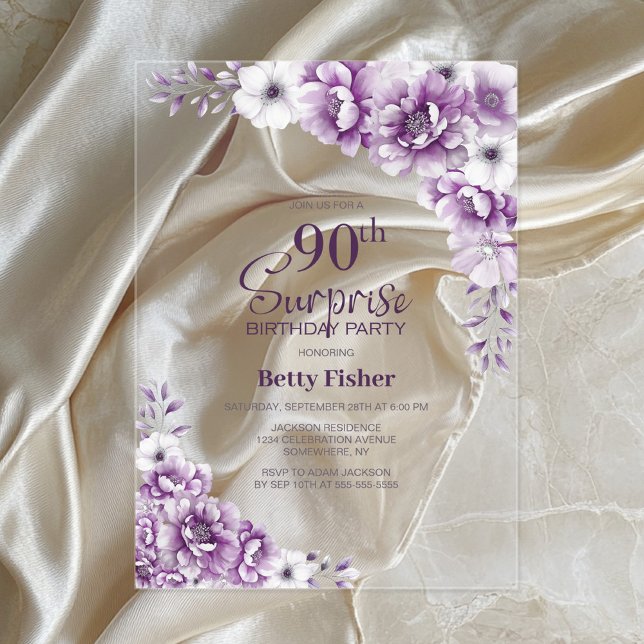 Stylish Pink Floral Surprise 90th Birthday Party Acrylic Invitations (Creator Uploaded)