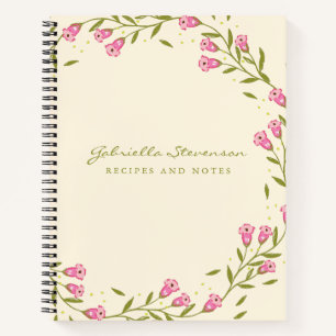 Stylish Pink Floral Wreath Custom Name Recipe Notebook