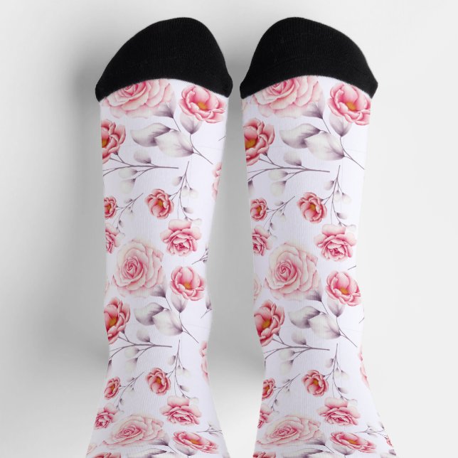 Stylish Pink Flowers Chic Pattern Colourful Socks (Top)