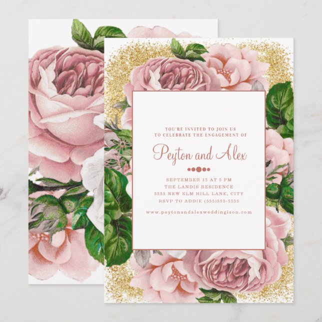 Stylish Pink Flowers Gold Glitter Engagement Party Invitation (Front/Back)