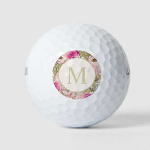 Stylish Pink Flowers Green Leaves Monogram Women Golf Balls