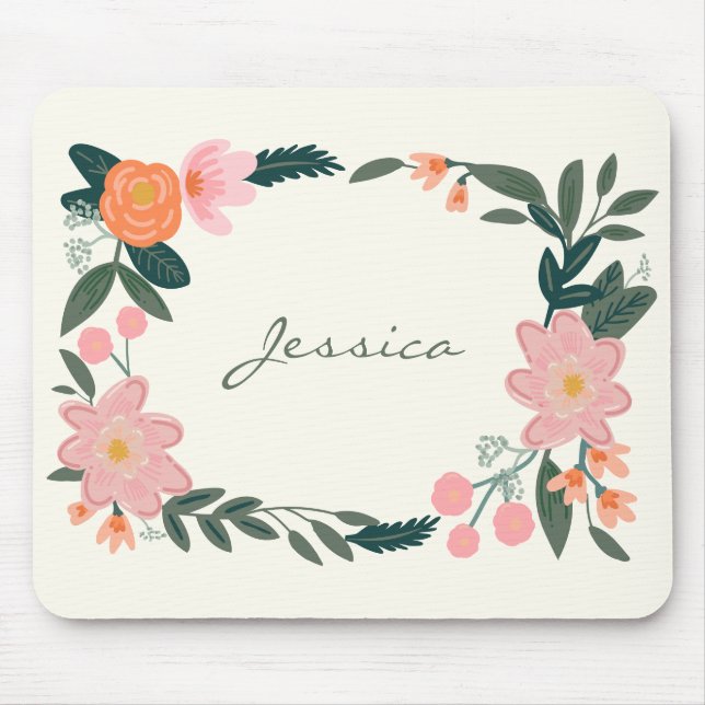 Stylish Pink Garden Floral Personalised Mouse Mat (Front)