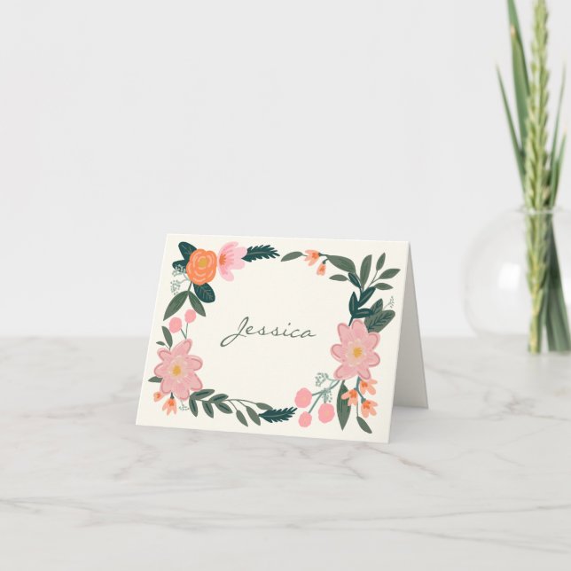 Stylish Pink Garden Floral Personalised  Note Card (Front)