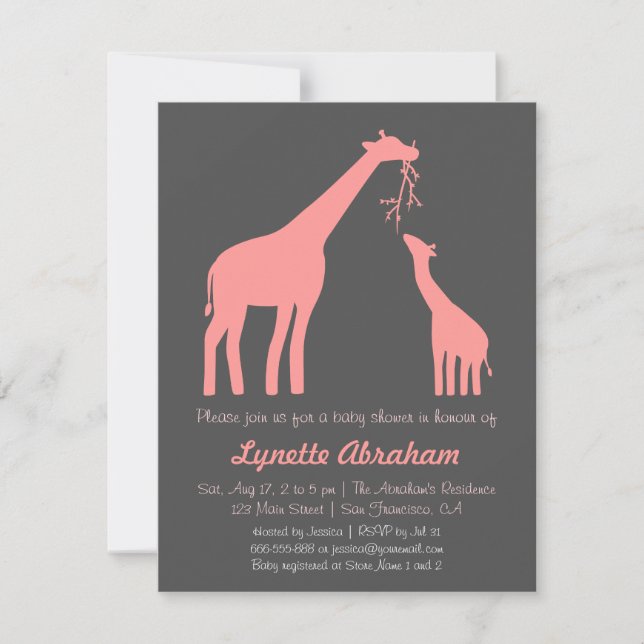 Stylish Pink Giraffe Baby Shower Invitations (Front)