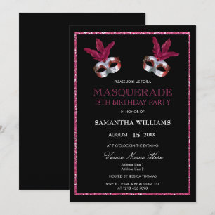 Stylish Pink Glitter Masquerade 18th Birthday Invitation