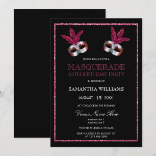 Stylish Pink Glitter Masquerade 30th Birthday Invitation