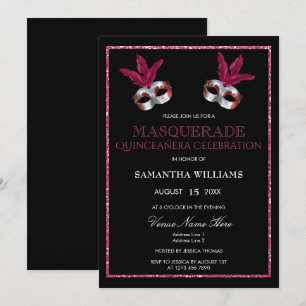 Stylish Pink Glitter Masquerade Quinceañera Invitation