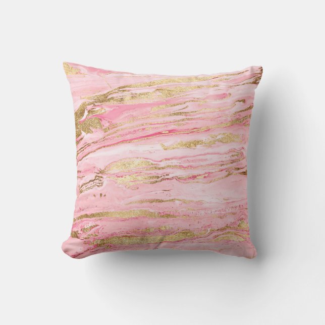 Stylish Pink Gold Abstract Marble Liquid Paint Cushion (Front)