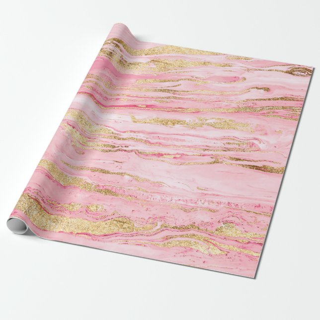 Stylish Pink Gold Abstract Marble Liquid Paint Wrapping Paper (Unrolled)