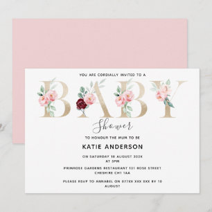 Stylish Pink Gold Floral Baby Girl Shower Invitation