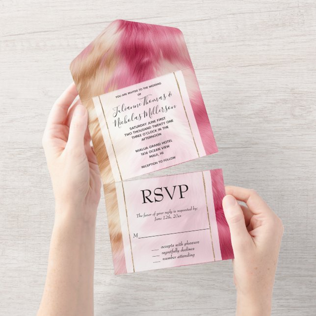 Stylish Pink Gold White Animal Wedding All In One Invitation (Tearaway)