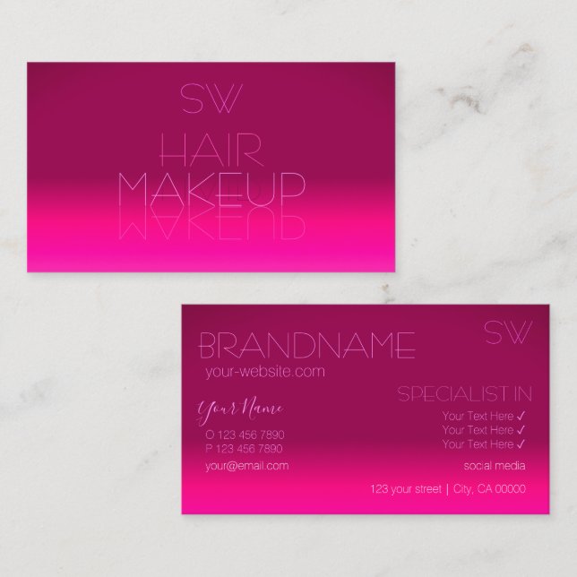 Stylish Pink Gradient Mirror Font with Monogram Business Card (Front/Back)