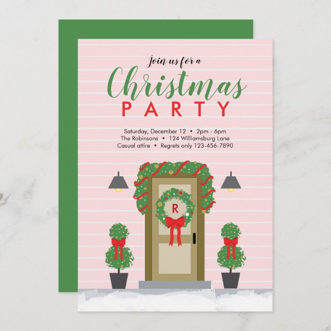 Stylish Pink Green Home Christmas Party Invitation (Front/Back)