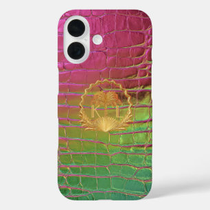 Stylish Pink Green Iridescent Croc Monogram  iPhone 16 Case