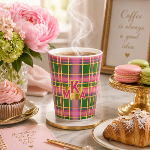 Stylish Pink & Green Plaid  Monogrammed Latte Mug