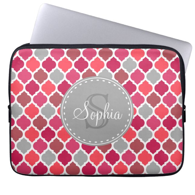 Stylish Pink Grey Moroccan Pattern Monogram Laptop Sleeve (Front)