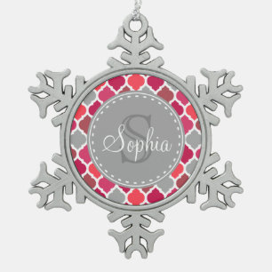 Stylish Pink Grey Moroccan Pattern Monogram Snowflake Pewter Christmas Ornament