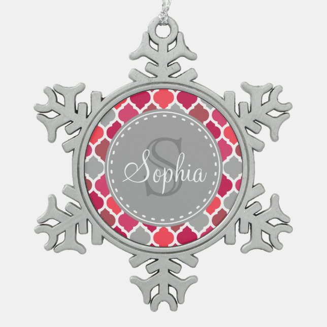 Stylish Pink Grey Moroccan Pattern Monogram Snowflake Pewter Christmas Ornament (Front)