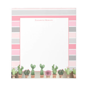 Stylish Pink Grey  Stripes,Watercolor Cactus Notepad