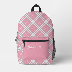 Stylish Pink & Grey Tartan Pattern Personalised Printed Backpack
