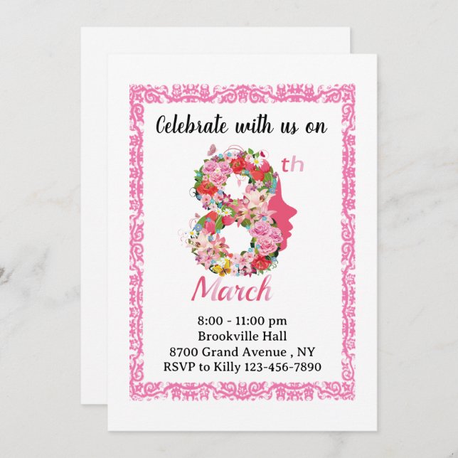 Stylish pink International Women's Day Floral card (Front/Back)